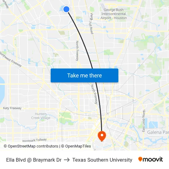 Ella Blvd @ Braymark Dr to Texas Southern University map