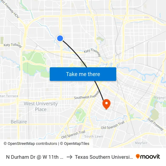 N Durham Dr @ W 11th St to Texas Southern University map