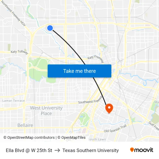 Ella Blvd @ W 25th St to Texas Southern University map