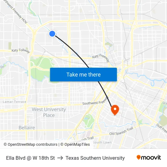 Ella Blvd @ W 18th St to Texas Southern University map