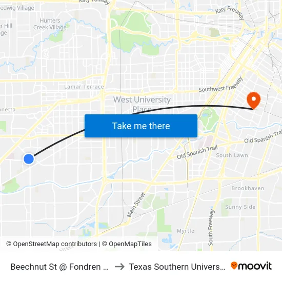 Beechnut St @ Fondren Rd to Texas Southern University map