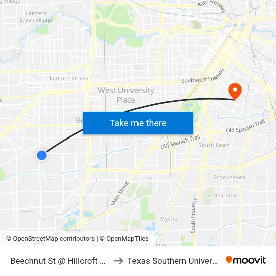 Beechnut St @ Hillcroft Ave to Texas Southern University map