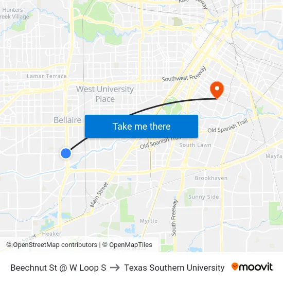 Beechnut St @ W Loop S to Texas Southern University map