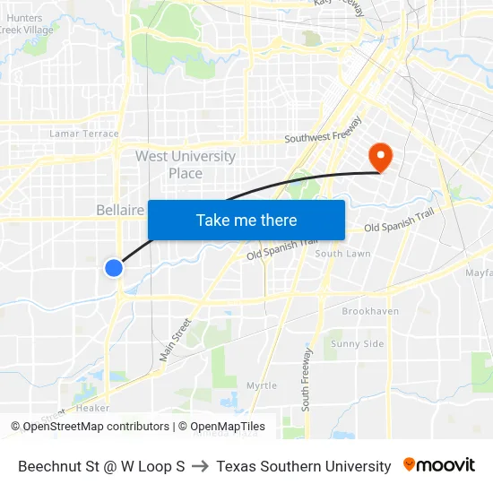 Beechnut St @ W Loop S to Texas Southern University map