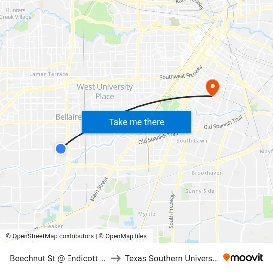 Beechnut St @ Endicott Ln to Texas Southern University map
