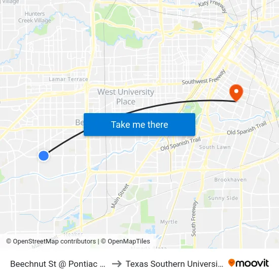 Beechnut St @ Pontiac Dr to Texas Southern University map