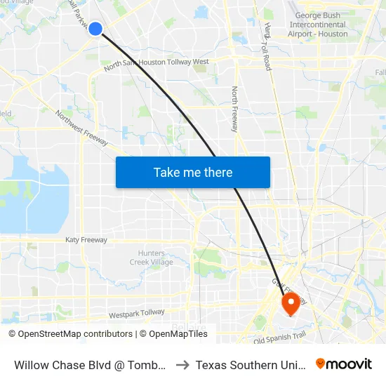 Willow Chase Blvd @ Tomball Pkwy to Texas Southern University map
