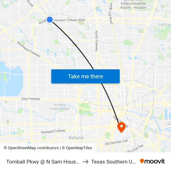 Tomball Pkwy @ N Sam Houston Pkwy W to Texas Southern University map