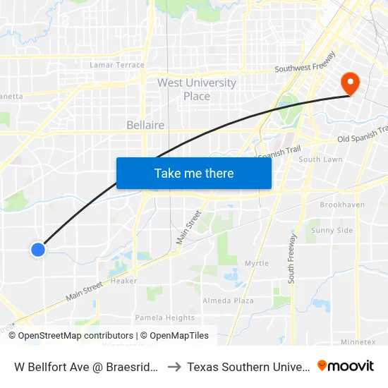 W Bellfort Ave @ Braesridge Dr to Texas Southern University map