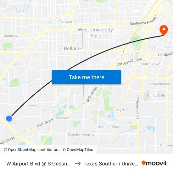 W Airport Blvd @ S Gessner Rd to Texas Southern University map