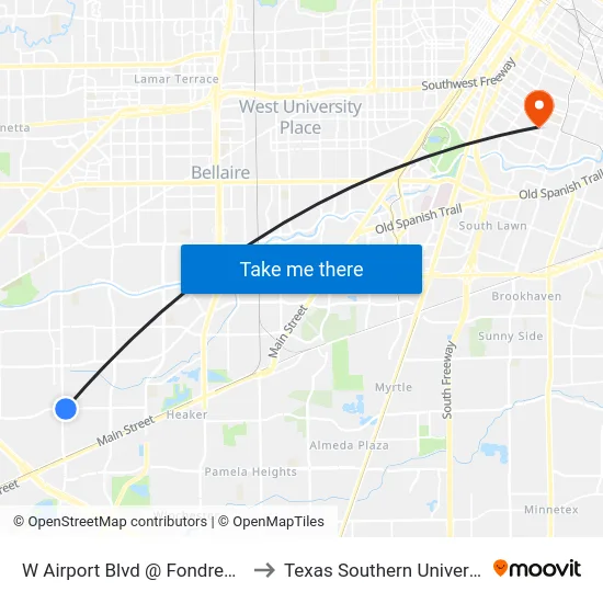 W Airport Blvd @ Fondren Rd to Texas Southern University map