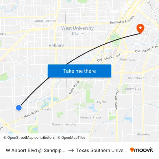 W Airport Blvd @ Sandpiper Dr to Texas Southern University map