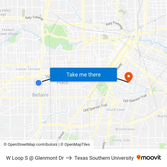 W Loop S @ Glenmont Dr to Texas Southern University map