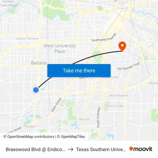 Braeswood Blvd @ Endicott Ln to Texas Southern University map