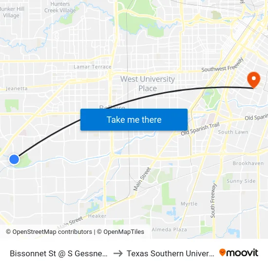 Bissonnet St @ S Gessner Rd to Texas Southern University map