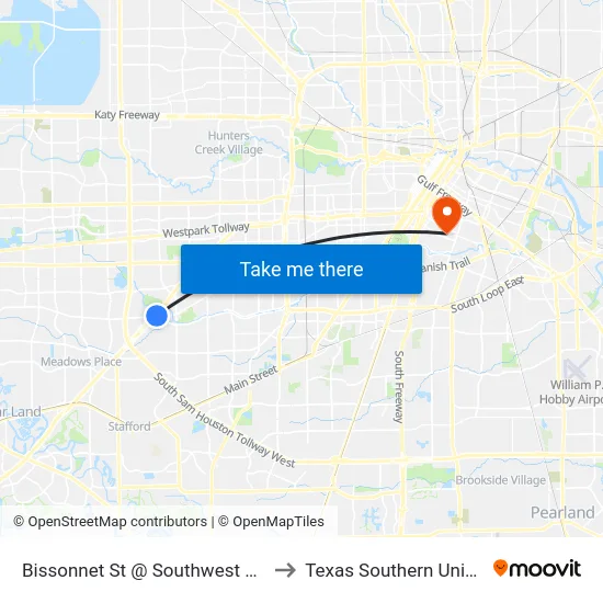 Bissonnet St @ Southwest Freeway to Texas Southern University map