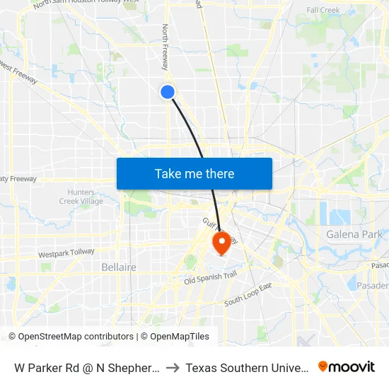 W Parker Rd @ N Shepherd Dr to Texas Southern University map