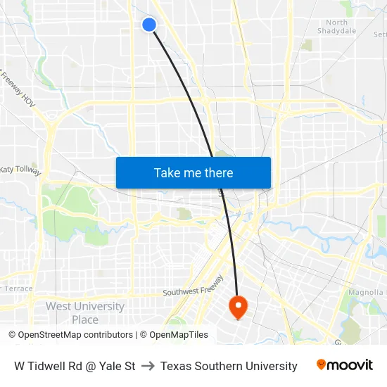 W Tidwell Rd @ Yale St to Texas Southern University map