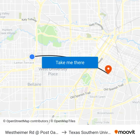 Westheimer Rd @ Post Oak Blvd to Texas Southern University map