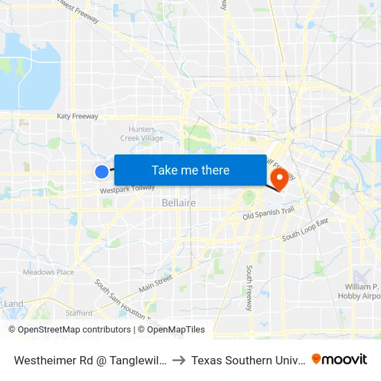 Westheimer Rd @ Tanglewilde Ave to Texas Southern University map