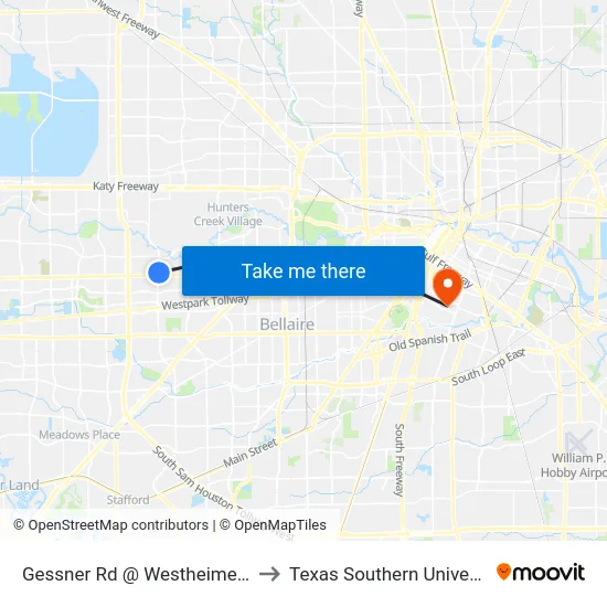 Gessner Rd @ Westheimer Rd to Texas Southern University map