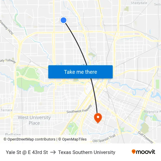 Yale St @ E 43rd St to Texas Southern University map
