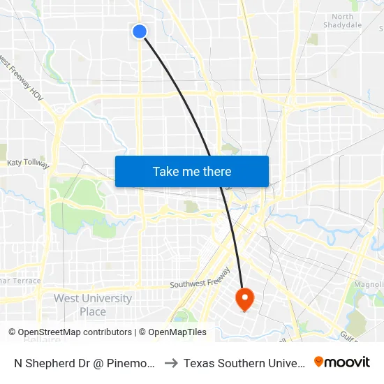 N Shepherd Dr @ Pinemont Dr to Texas Southern University map