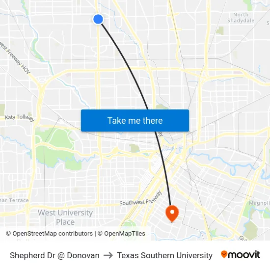 Shepherd Dr @ Donovan to Texas Southern University map