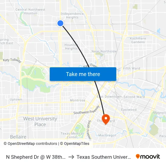 N Shepherd Dr @ W 38th St to Texas Southern University map