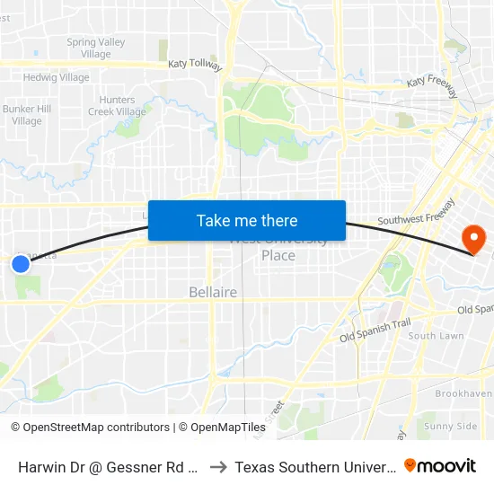 Harwin Dr @ Gessner Rd Mb2 to Texas Southern University map