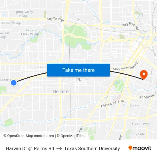 Harwin Dr @ Reims Rd to Texas Southern University map