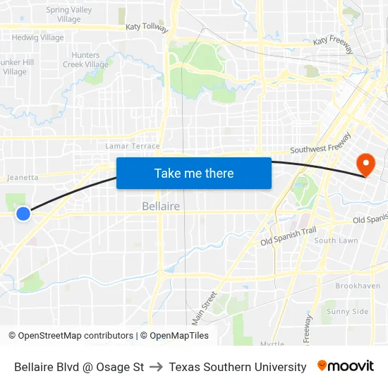 Bellaire Blvd @ Osage St to Texas Southern University map