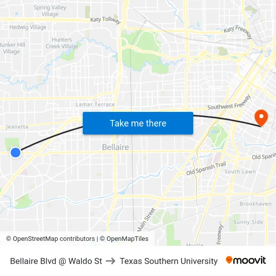 Bellaire Blvd @ Waldo St to Texas Southern University map