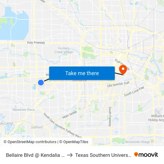 Bellaire Blvd @ Kendalia Dr to Texas Southern University map