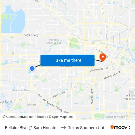 Bellaire Blvd @ Sam Houston Pkwy to Texas Southern University map