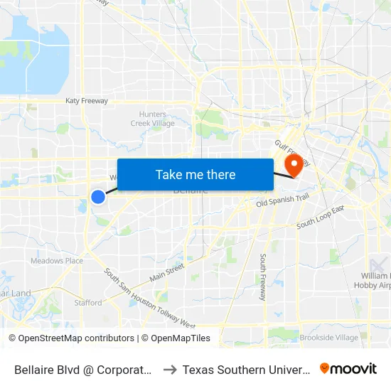 Bellaire Blvd @ Corporate Dr to Texas Southern University map