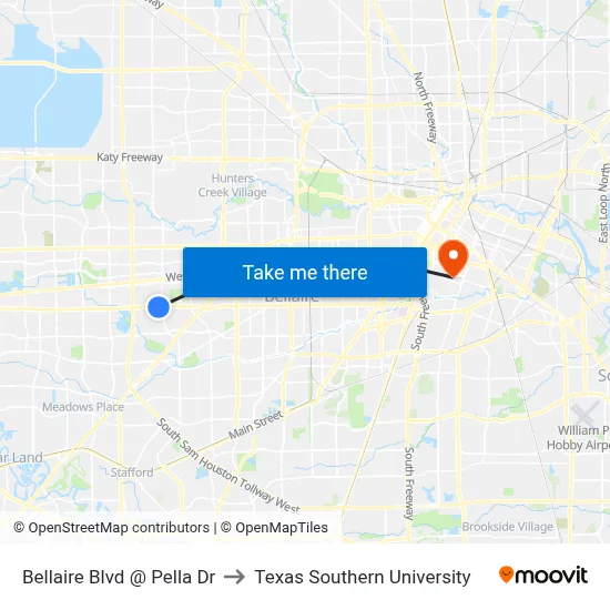 Bellaire Blvd @ Pella Dr to Texas Southern University map