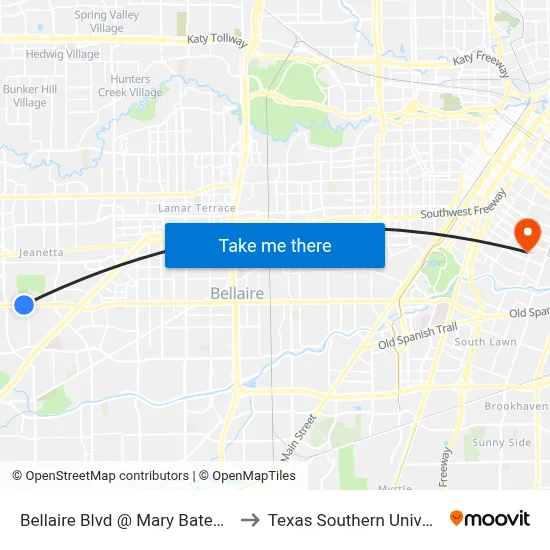 Bellaire Blvd @ Mary Bates Blvd to Texas Southern University map