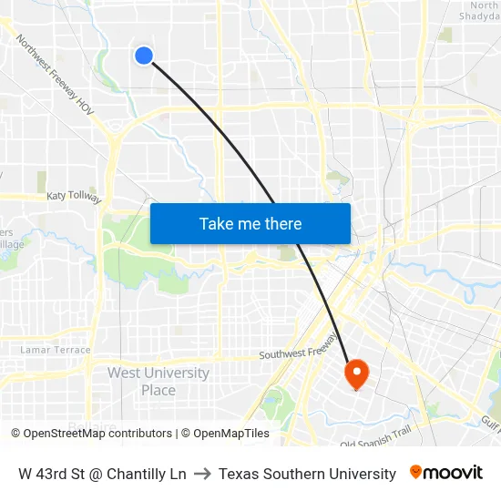 W 43rd St @ Chantilly Ln to Texas Southern University map