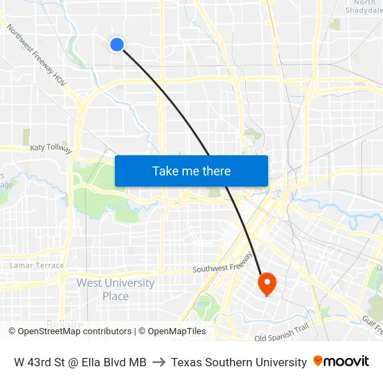 W 43rd St @ Ella Blvd MB to Texas Southern University map
