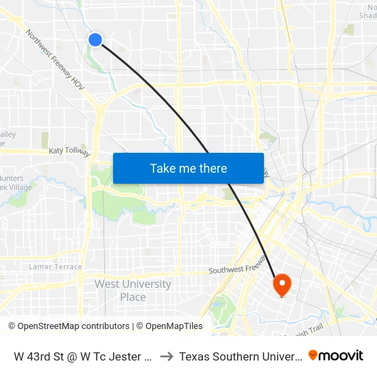 W 43rd St @ W Tc Jester Blvd to Texas Southern University map
