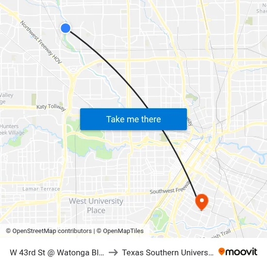 W 43rd St @ Watonga Blvd to Texas Southern University map
