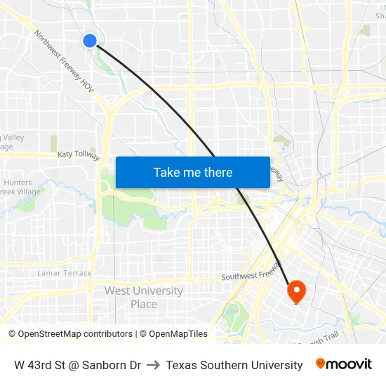 W 43rd St @ Sanborn Dr to Texas Southern University map