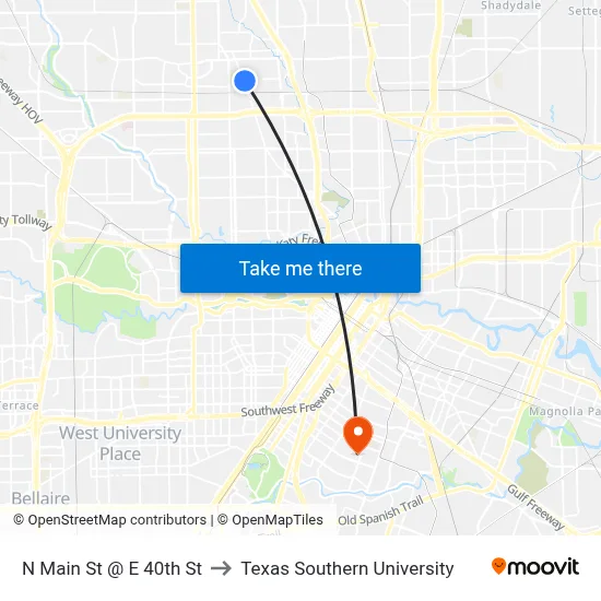 N Main St @ E 40th St to Texas Southern University map