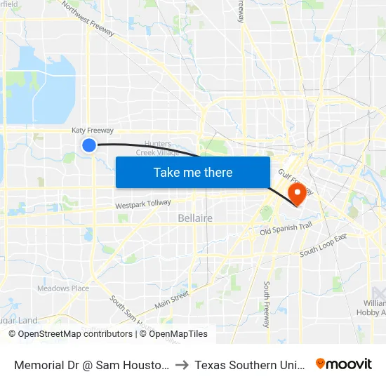 Memorial Dr @ Sam Houston Pkwy to Texas Southern University map