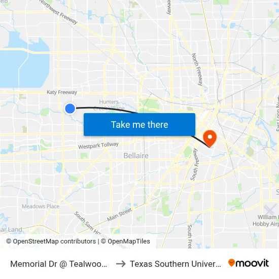 Memorial Dr @ Tealwood Dr to Texas Southern University map