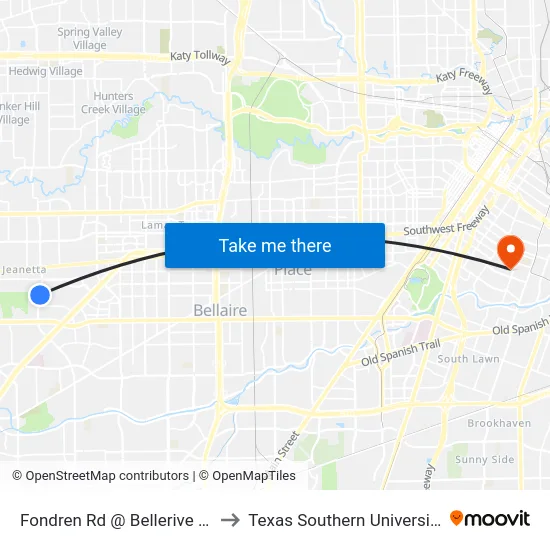 Fondren Rd @ Bellerive Dr to Texas Southern University map