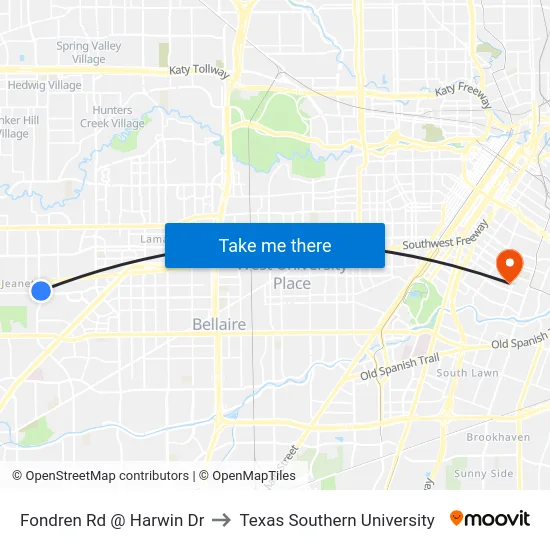 Fondren Rd @ Harwin Dr to Texas Southern University map