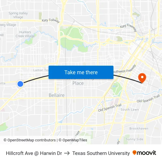 Hillcroft Ave @ Harwin Dr to Texas Southern University map