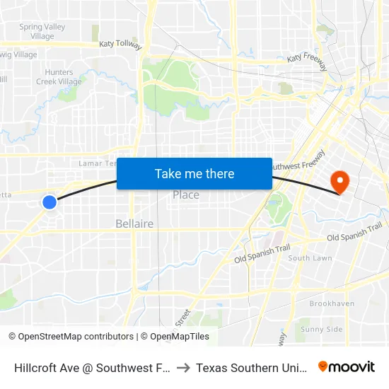 Hillcroft Ave @ Southwest Freeway to Texas Southern University map